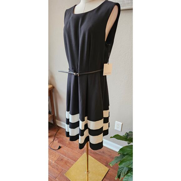 NWT Calvin Klein Belted Color Block Fit & Flare Dress Women Size 14 Black‎ White - Picture 7 of 8